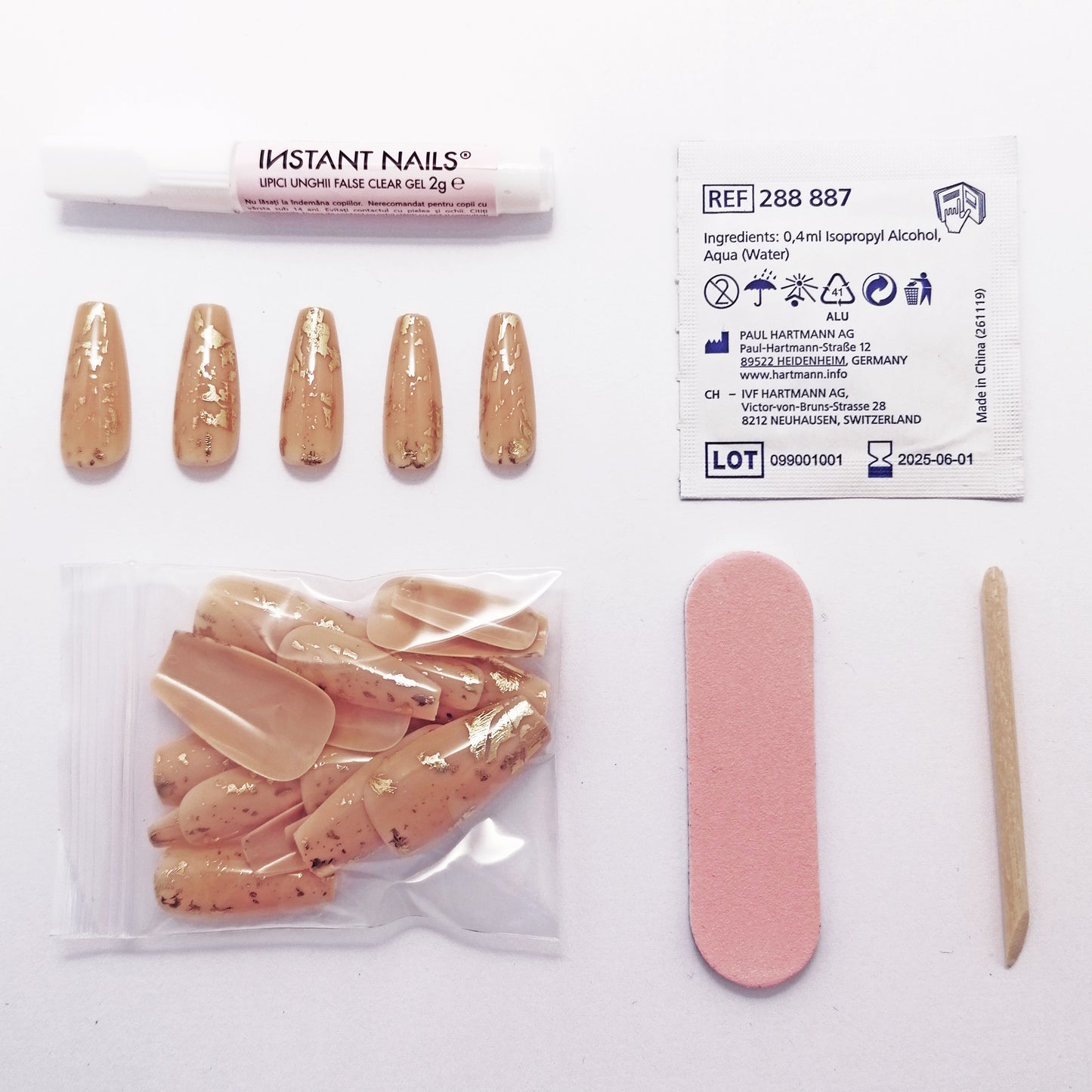 Tipsuri unghii false Instant Nails nude cu auriu