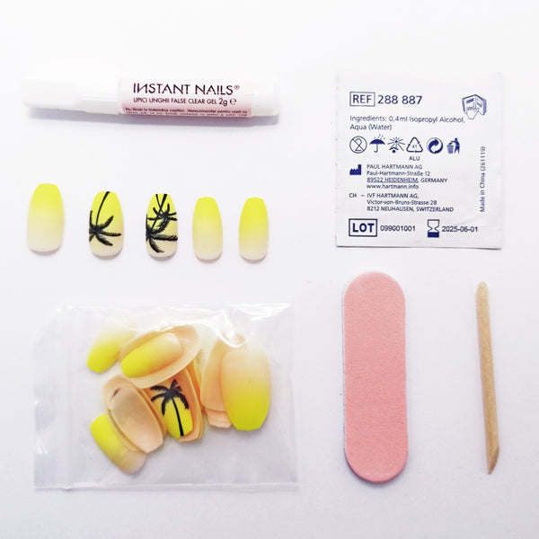 set unghii cu gel instant nails - unghii galbene cu palmier
